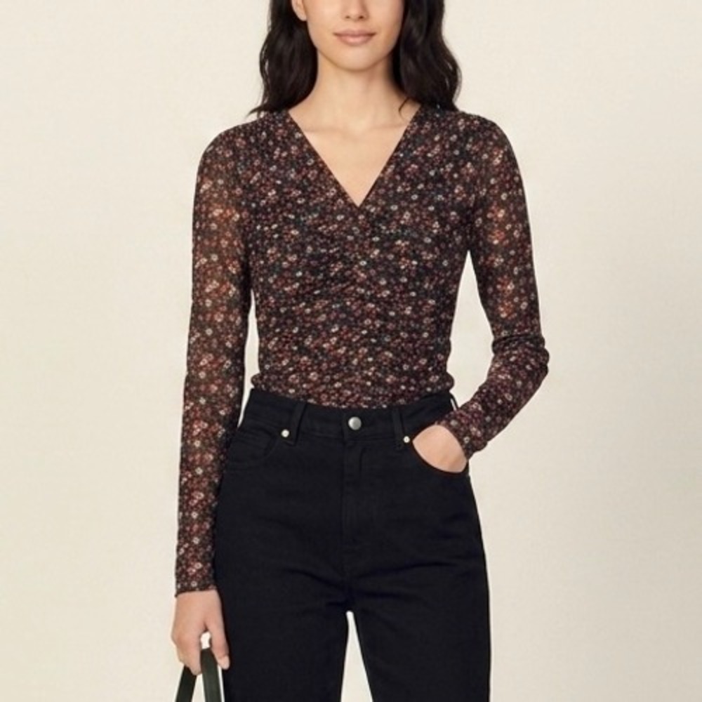 NEW Sandro Bethanie Floral Mesh Ruched V-Neck Long Sleeve Top Noir Rouge Size 0